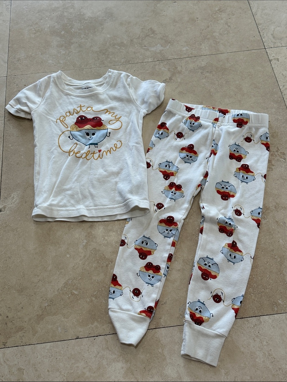 Old Navy White Kids Pajama Set with Red & Blue Pasta Character